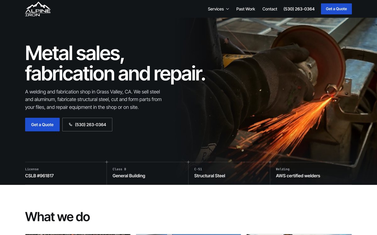 Alpine Iron home page on a computer: a grinder throwing sparks under the headline Metal sales, fabrication and repair
