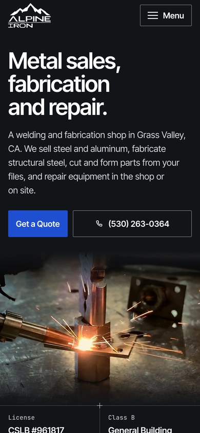 Alpine Iron home page on a phone, with Get a Quote and call buttons