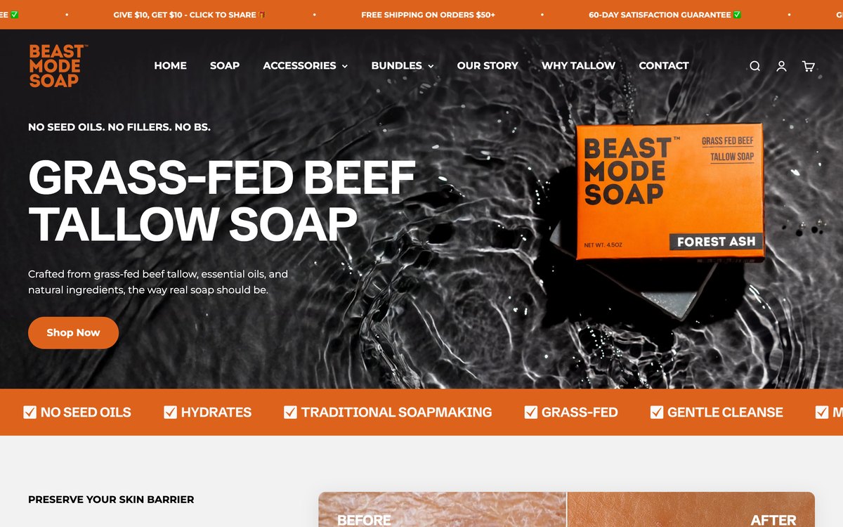 Beast Mode Soap home page: grass-fed beef tallow soap